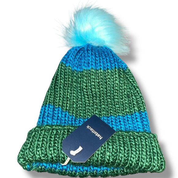 Hat Attack Beanie Cap Knit Happy Stripes Faux Fur Pom Skull Gift OS Blue Green - Picture 3 of 9
